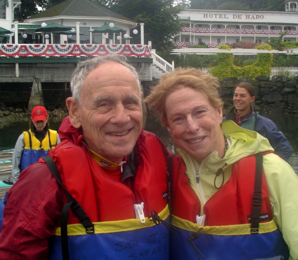 Frederica Kolker Saxon and Bill Saxon kayaking in the San Juan islands of Washington State.