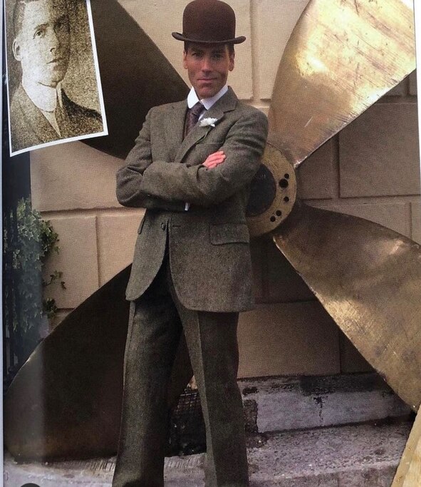 "Kindred Spirits: A Titanic Tale" author Nelson Aspen dressed up as shipwreck victim Milton Long (whose photo is inset) while visiting Ireland.