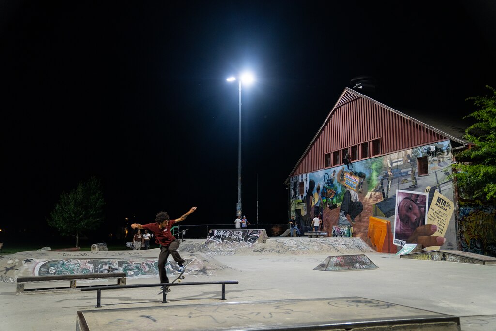 Friday, Aug. 8, 2025 — Local residents skate at the Skatepark of Baltimore in Hampden on a Friday night. Baltimore City, Md.