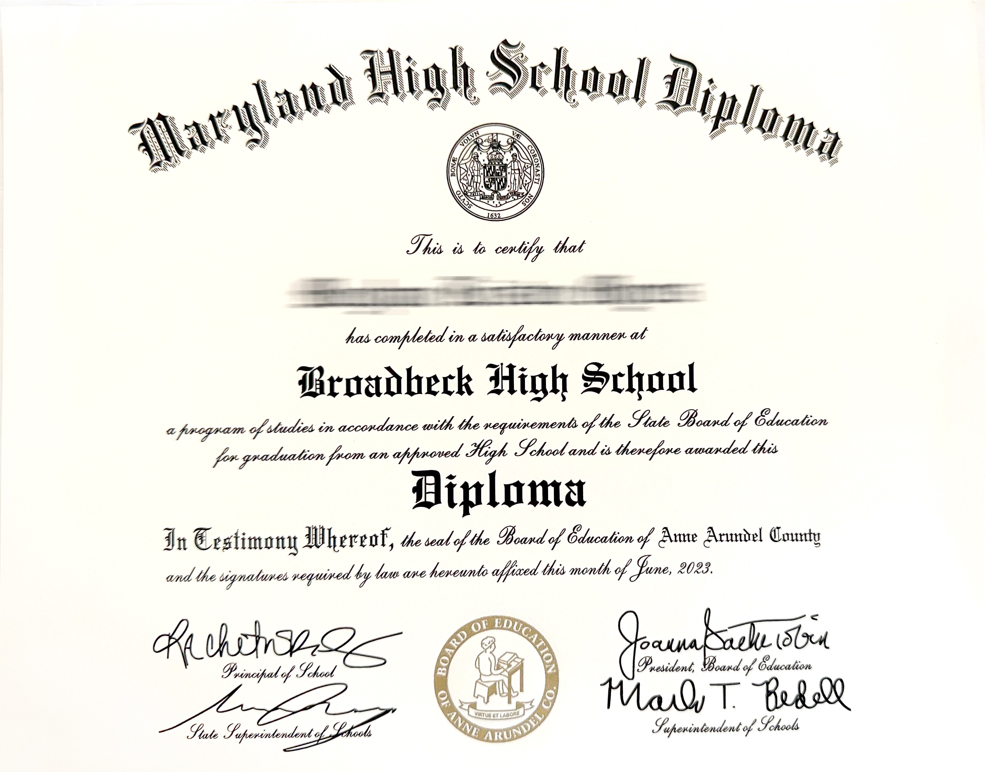 Broadneck High School diploma misspelled the name of the school.