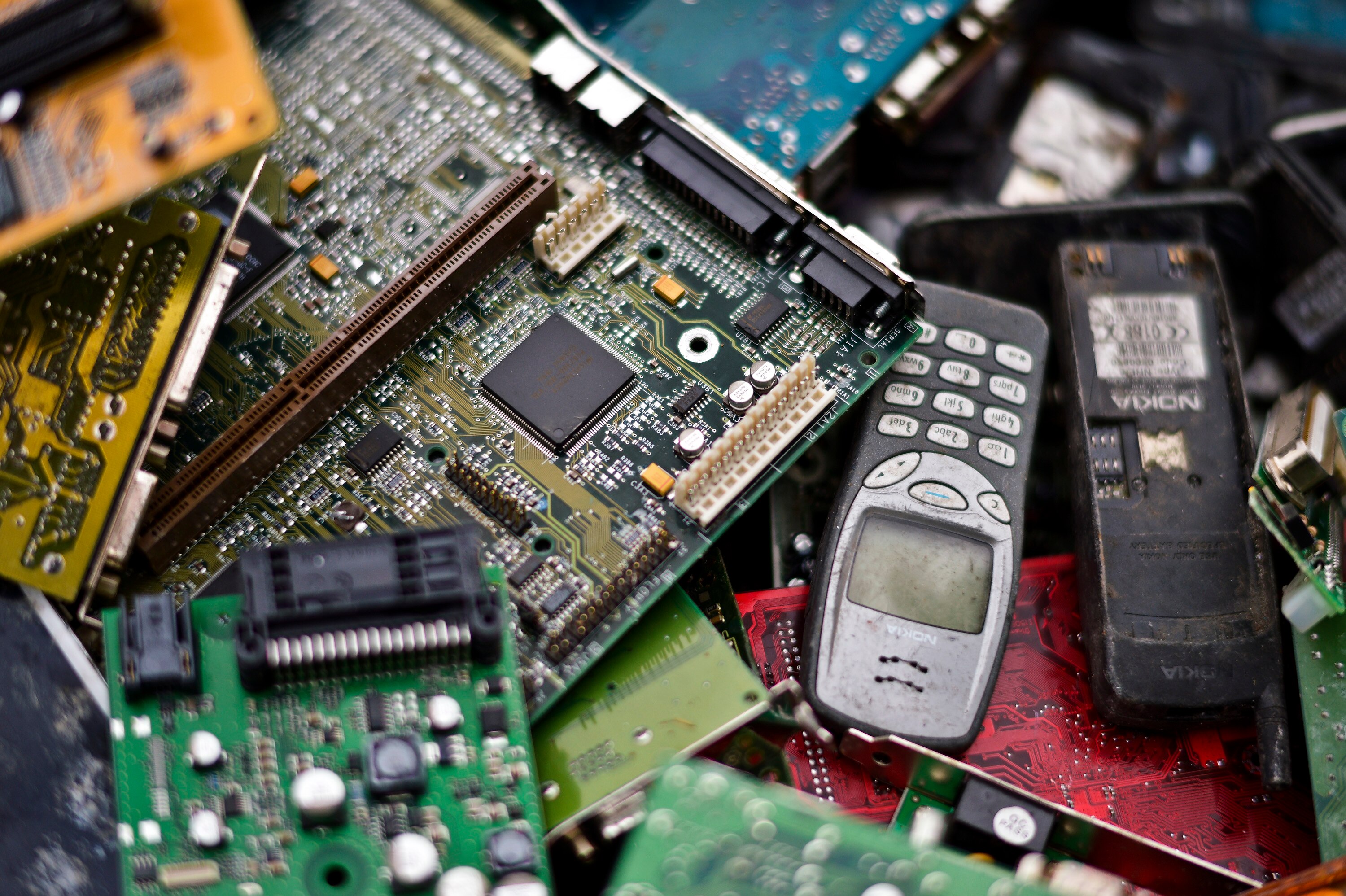 Discarded electronics collected at a recycling facility.