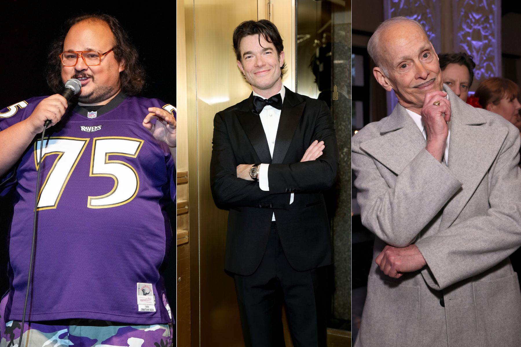 Comedian Stavros Halkias performs at The Lyric on Saturday, October 14, 2023.; NEW YORK, NEW YORK - FEBRUARY 16: John Mulaney attends SNL50: The Anniversary Special on February 16, 2025 in New York City. (Photo by Arturo Holmes/Getty Images); LOS ANGELES, CALIFORNIA - FEBRUARY 06: John Waters attends the 27th Costume Designers Guild Awards (CDGA) at Wilshire Ebell Theatre on February 06, 2025 in Los Angeles, California. (Photo by Rodin Eckenroth/Getty Images for CDGA)