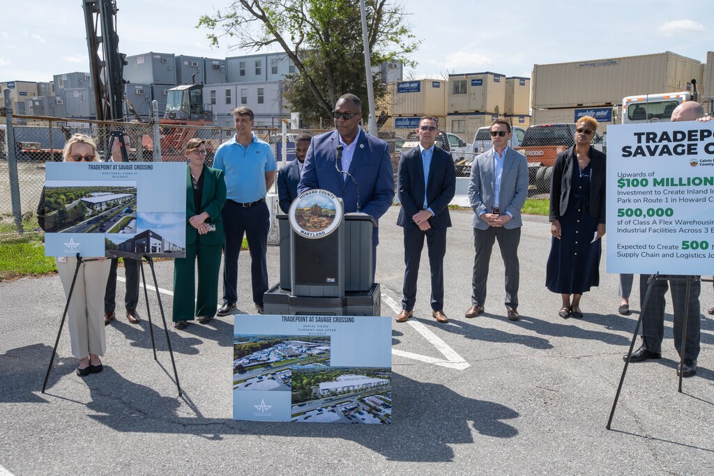Howard County Executive Calvin Ball joined Tradepoint Atlantic representatives for a news conference on Tuesday, April 24, 2025, to address Tradepoint's expansion into Howard County with a new logistics hub that is expected to create 500 jobs.