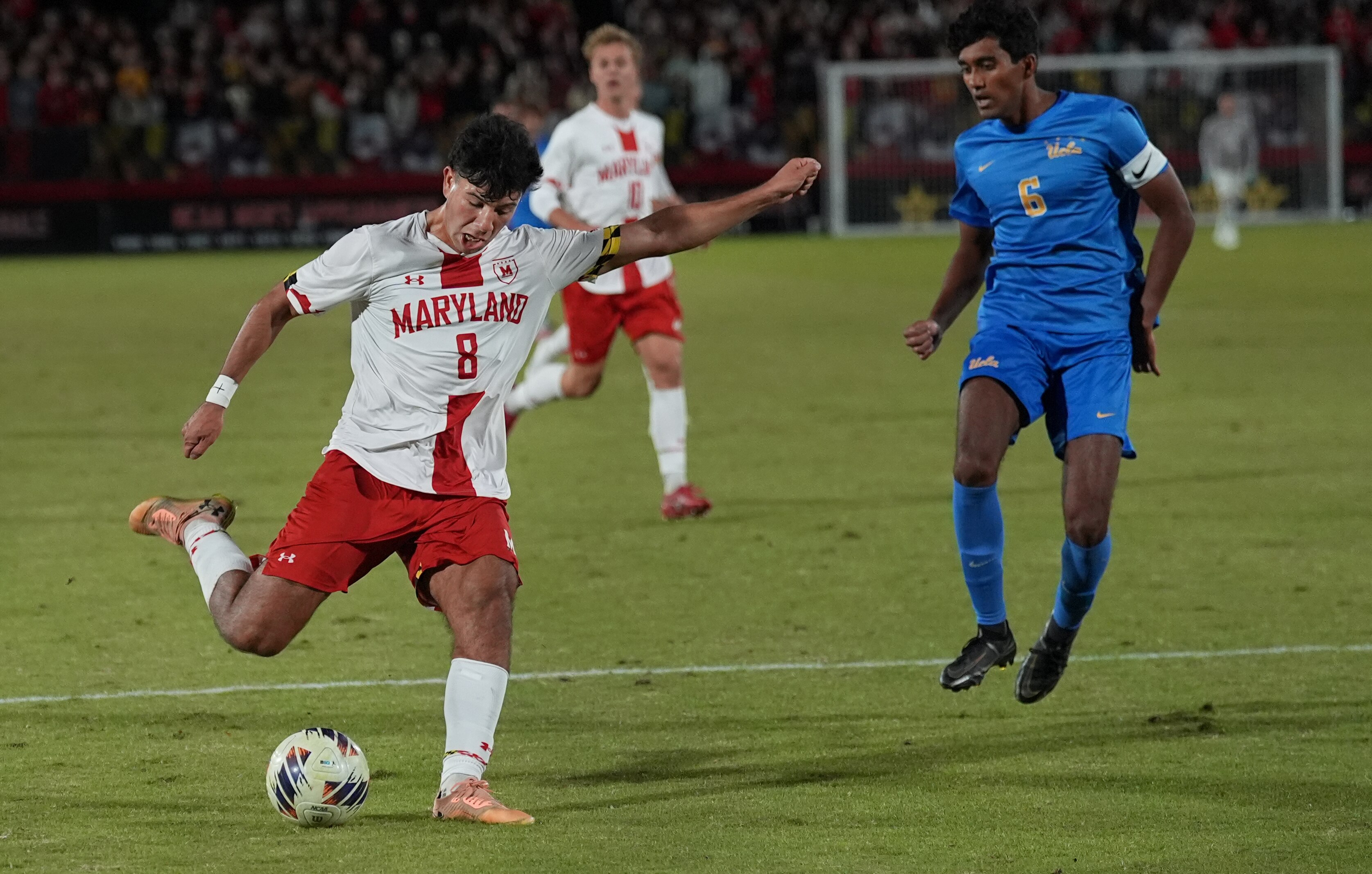 Albi Ndrenika of Maryland takes a shot on goal during the Big Ten tournament semifinal against UCLA.
