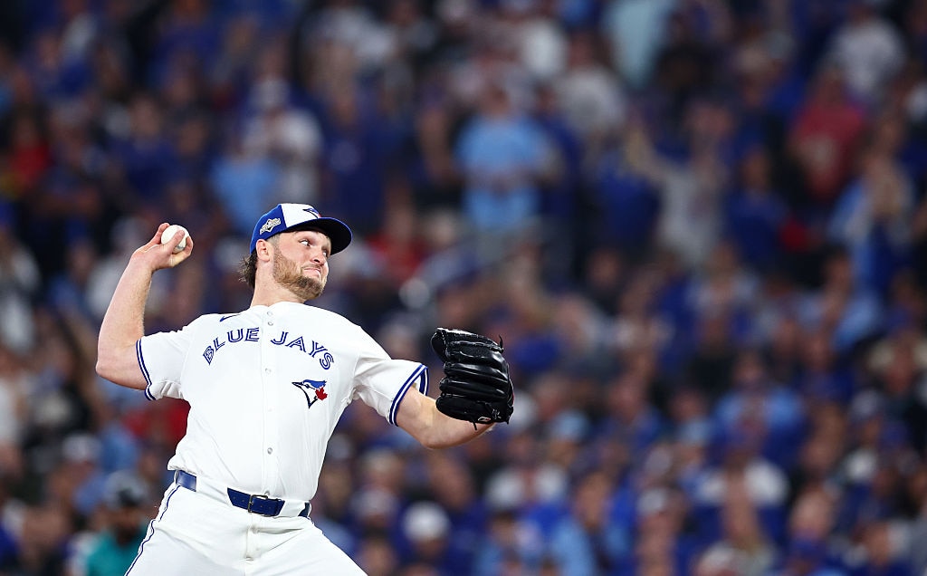 Toronto starter Trey Yesavage pitches during the third inning against the Seattle Mariners in Game 6 of the American League Championship Series.