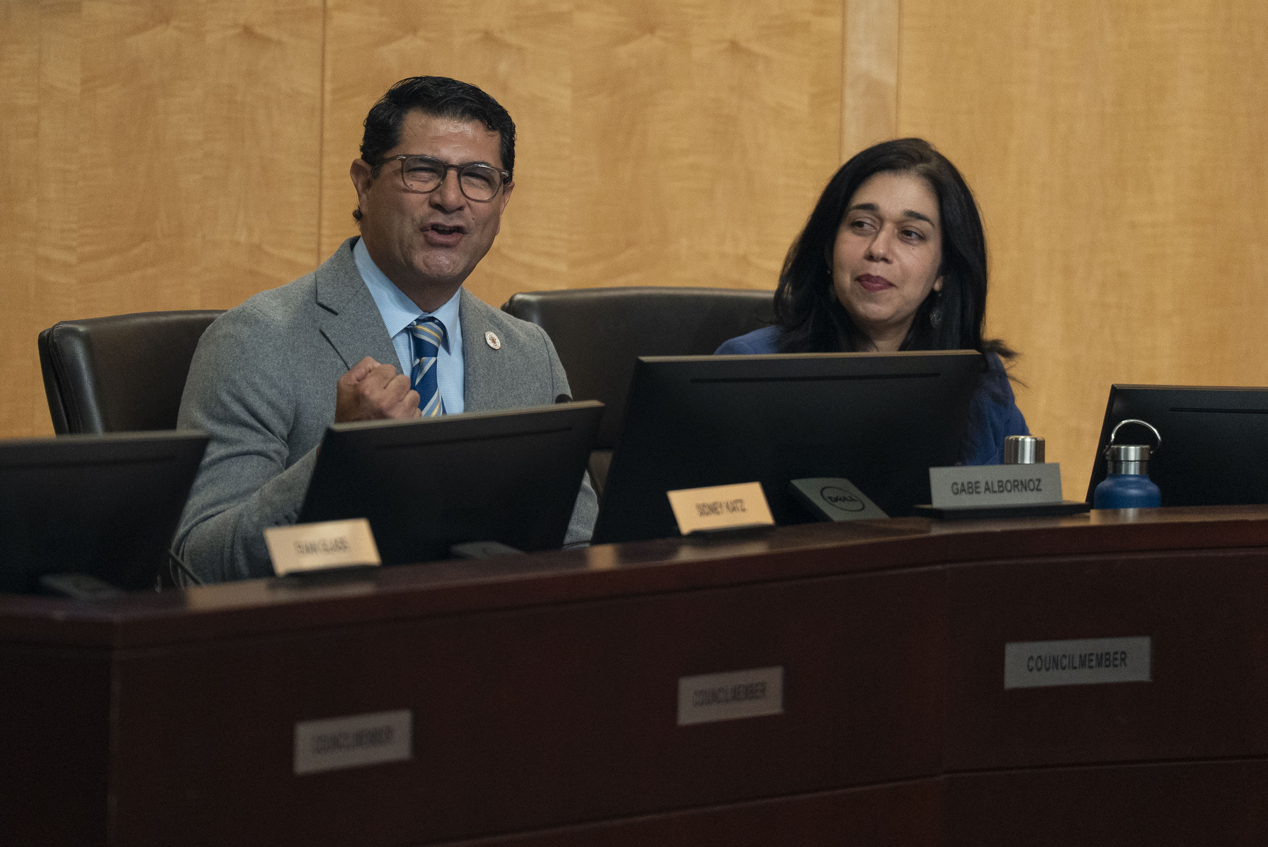Councilmember Gabe Albornoz, left, at a Montgomery County Council meeting in September 2025 in Rockville, Maryland.