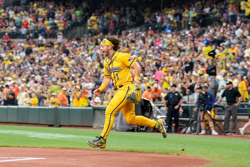 Savannah Bananas catcher Bill Leroy takes the field ahead of a Banana Ball game between the Bananas and The Firefighters at Oriole Park at Camden Yards in Baltimore, Md. on Friday, August 1, 2025. It’s the first of two games to be played at Camden Yards this weekend.