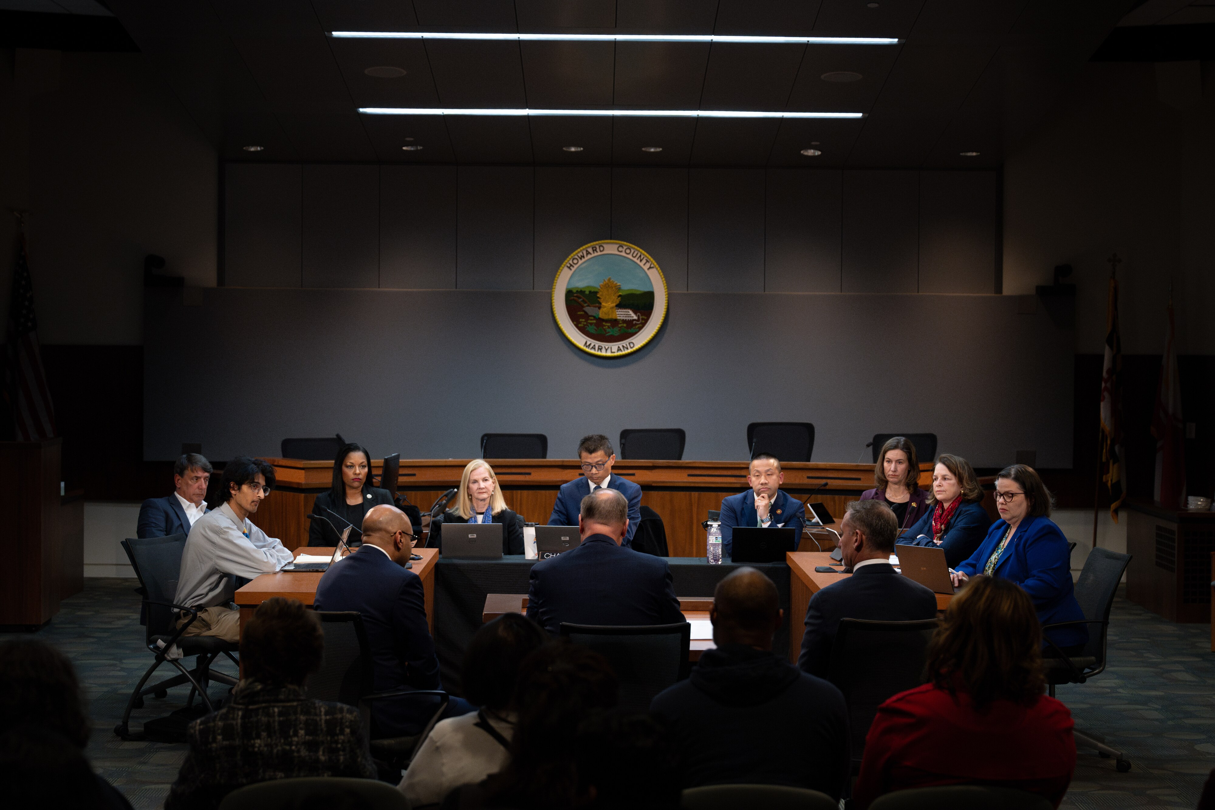 The Howard County delegation to the Maryland General Assembly listens to testimony by former Howard Community College Board of Trustees in support of a proposed bill to increase the size of the HCC Board of Trustees.
