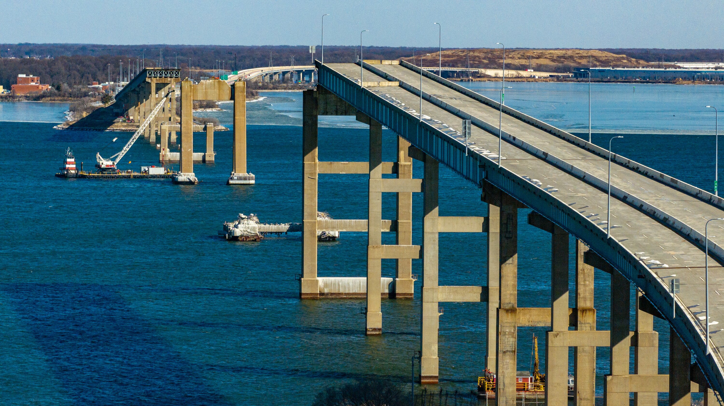 Contractors ready the Francis Scott Key Bridge site for demolition and, ultimately, for the construction of a replacement span. Crews began preconstruction activities in early January, and the new structure is expected to be finished in 2028.