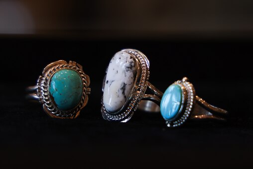 Rings featuring turquoise and white buffalo from the south west United Stated including Albuquerque and Santa Fe, NM in Blanca Flor in Annapolis, MD on July 24, 2025.