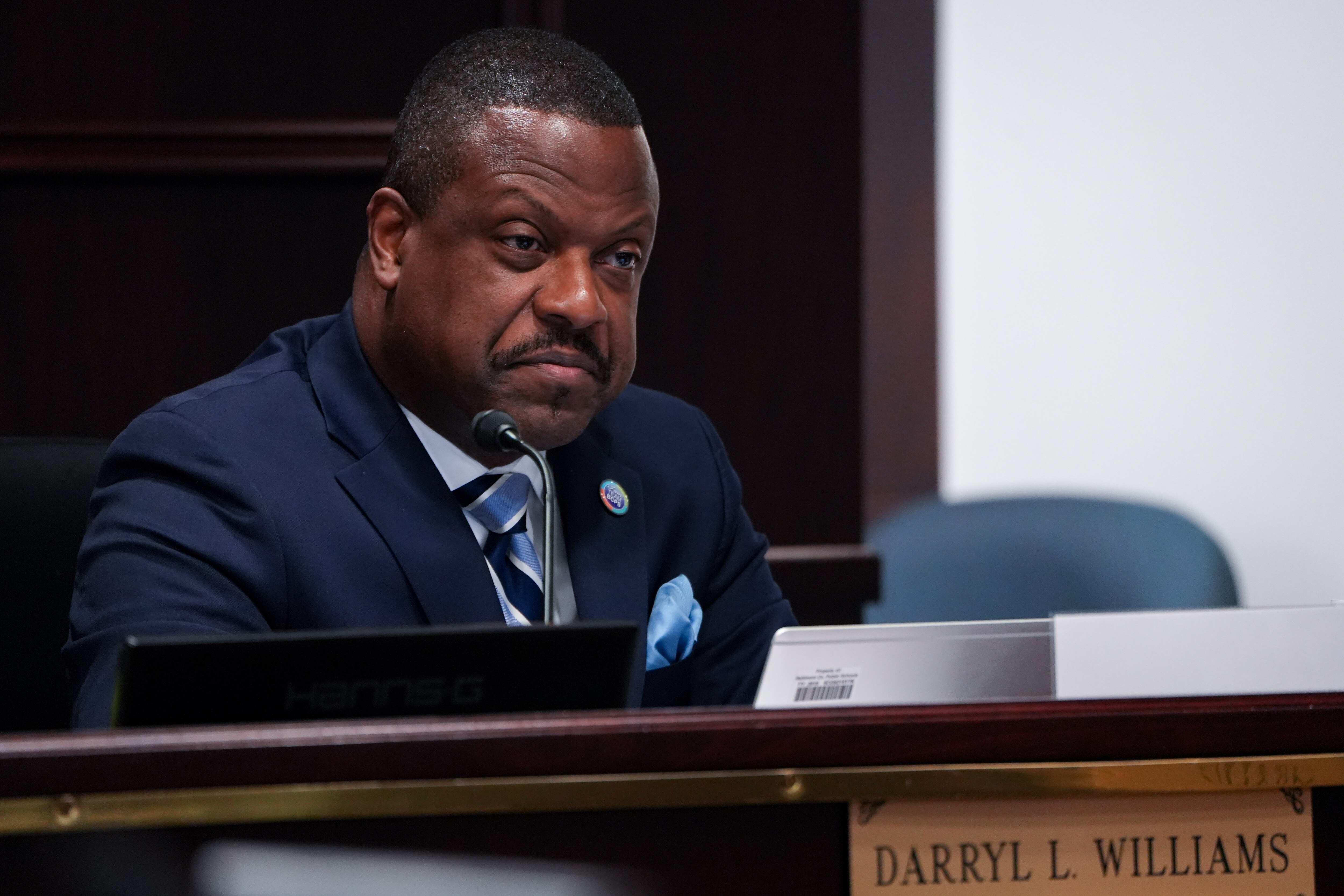 Darryl L. Williams, Superintendent of the Baltimore County Public School System, listens during the Board of Education’s bi-weekly meeting at the Greenwood Campus on 8/23/22.