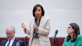 Sen. Angela Alsobrooks, joined by Sen. Chris Van Hollen and Rep. Sarah Elfreth fields questions from attendees during a U.S. Congressional town hall meeting at Howard Community College’s Kahlert Complex in Columbia, Md. on Tuesday, March 11, 2025.