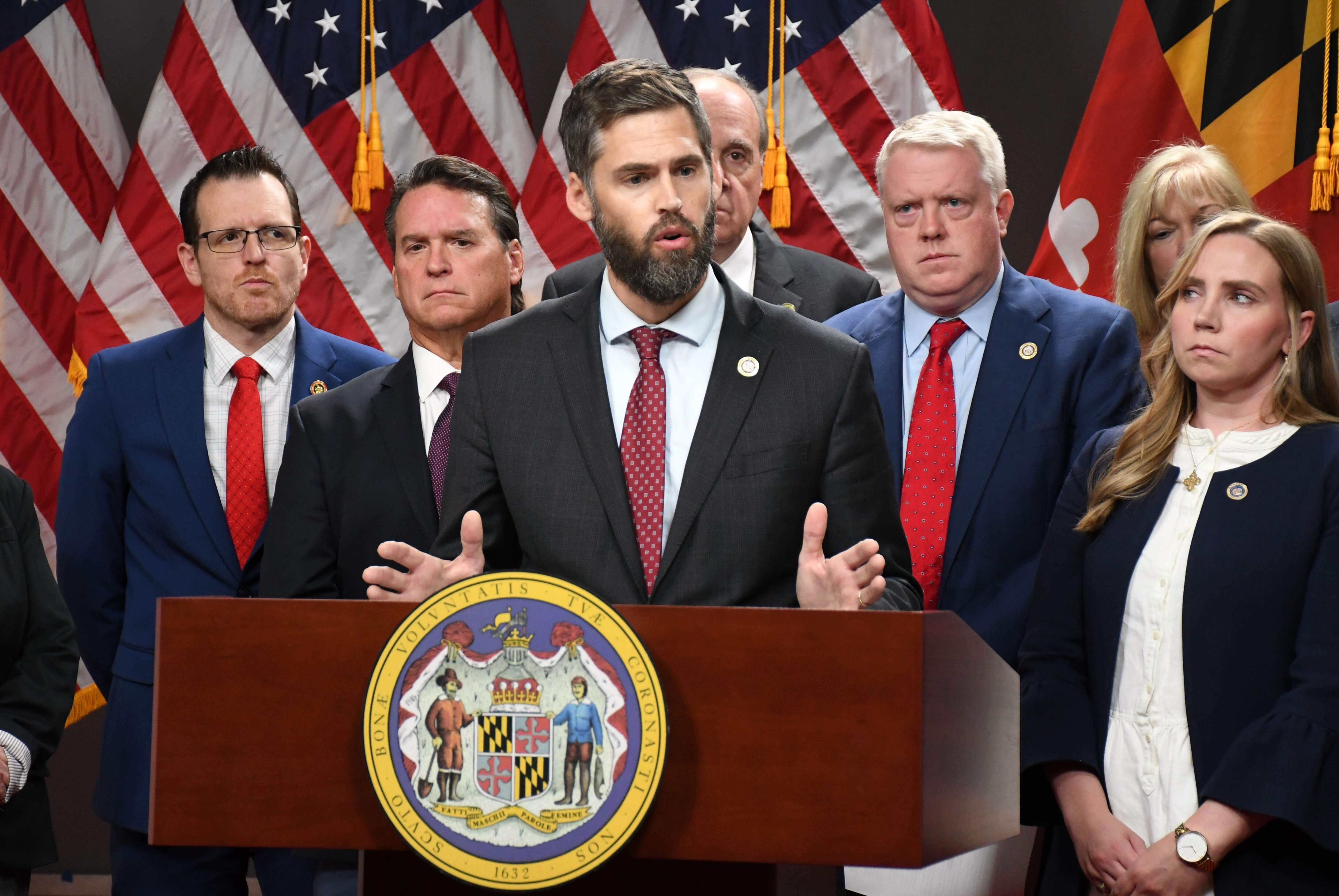 Maryland Del. Jesse Pippy speaks during a press conference outlining Republican lawmakers' proposals on criminal justice for the 2024 General Assembly session. The press conference was held at the Miller Senate Office Building in Annapolis on Tuesday, Nov. 14, 2023.