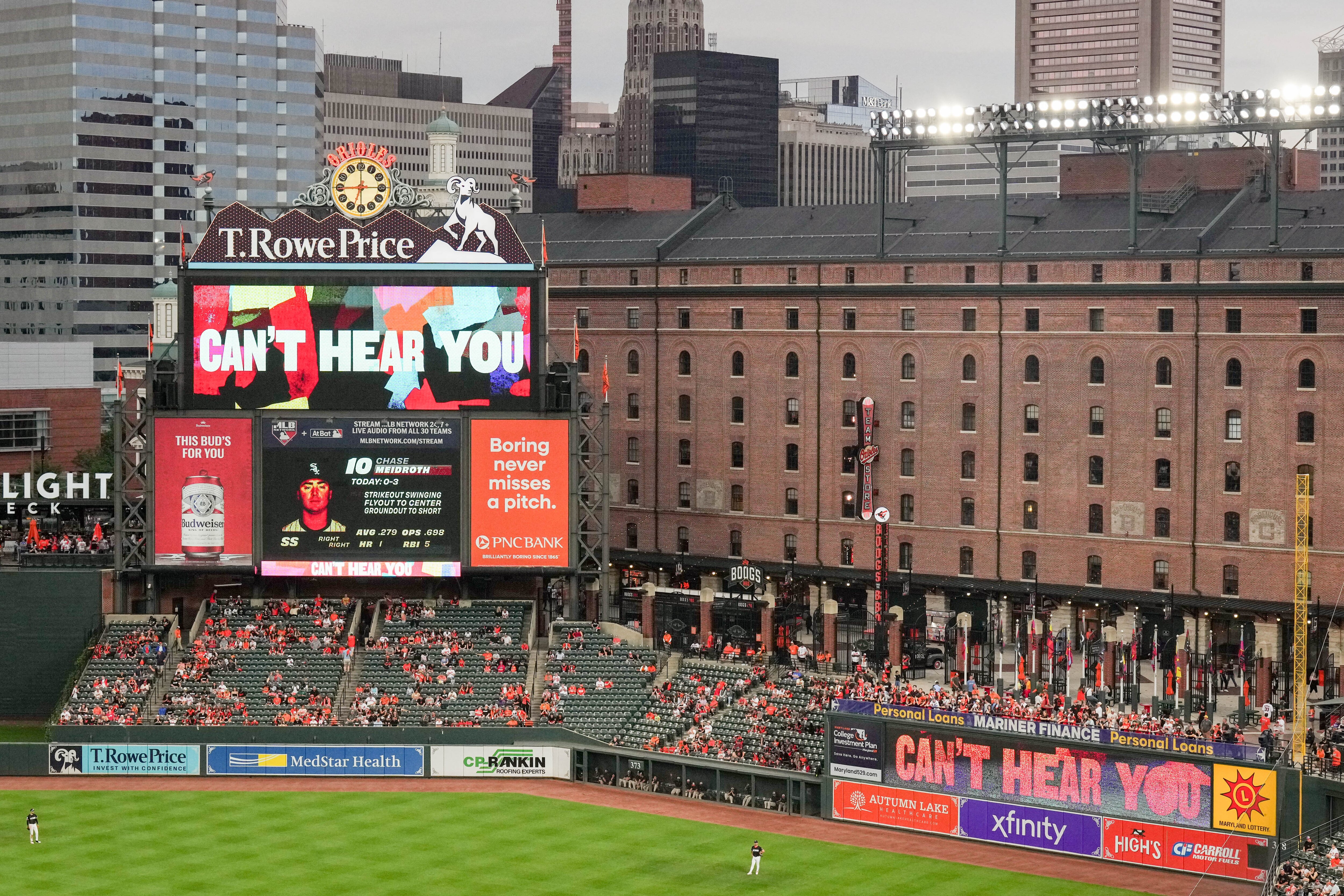 The scoreboard encourages fans to get loud during a game between the Baltimore Orioles and the Chicago White Sox at Oriole Park at Camden Yards in Baltimore, Md. on Friday, May 30, 2025.