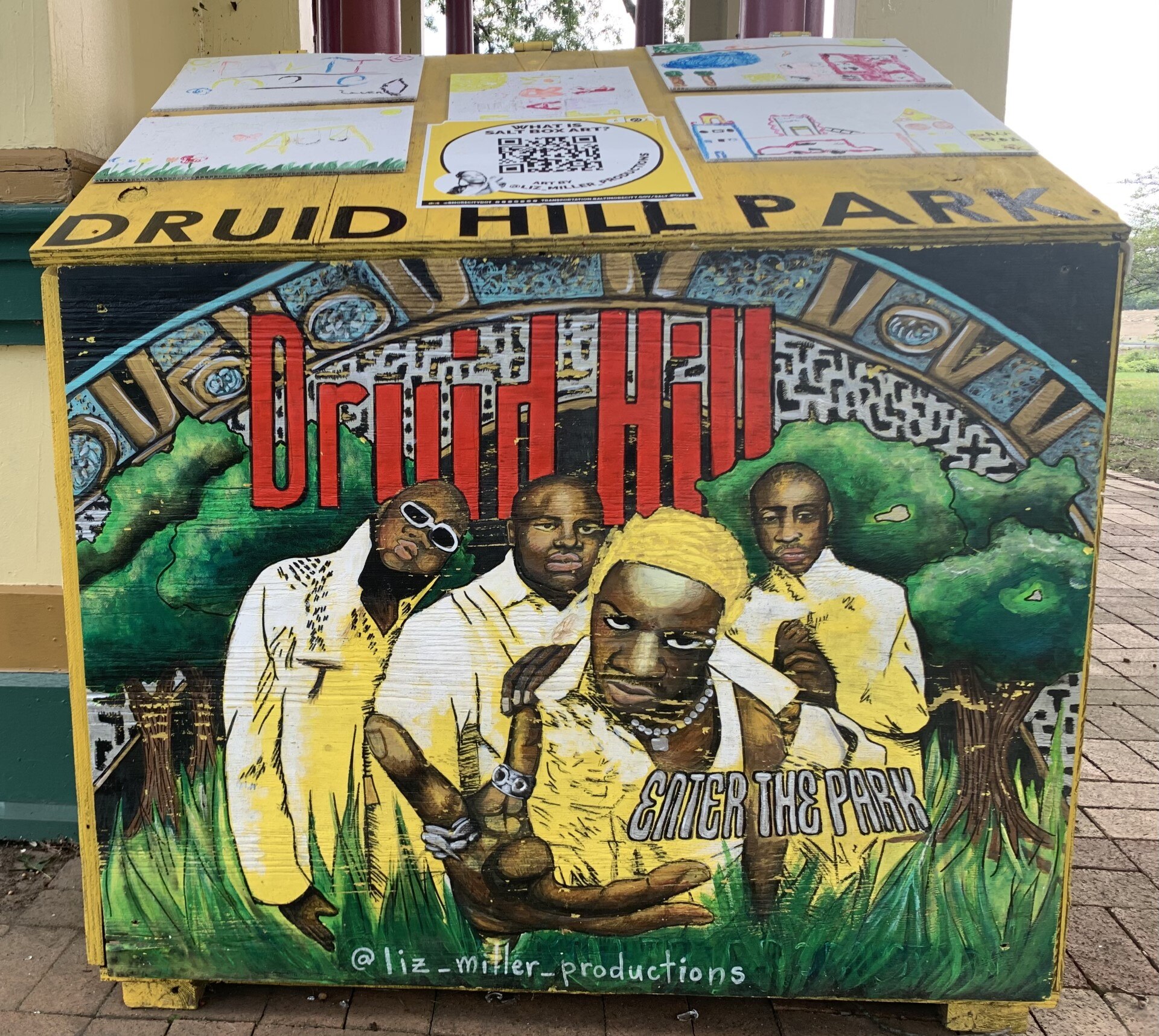Artist Liz Miller created saltbox art based on “Enter the Dru,” an album by R&B group Dru Hill. The saltbox is located at the Latrobe Pavilion in Druid Hill Park.