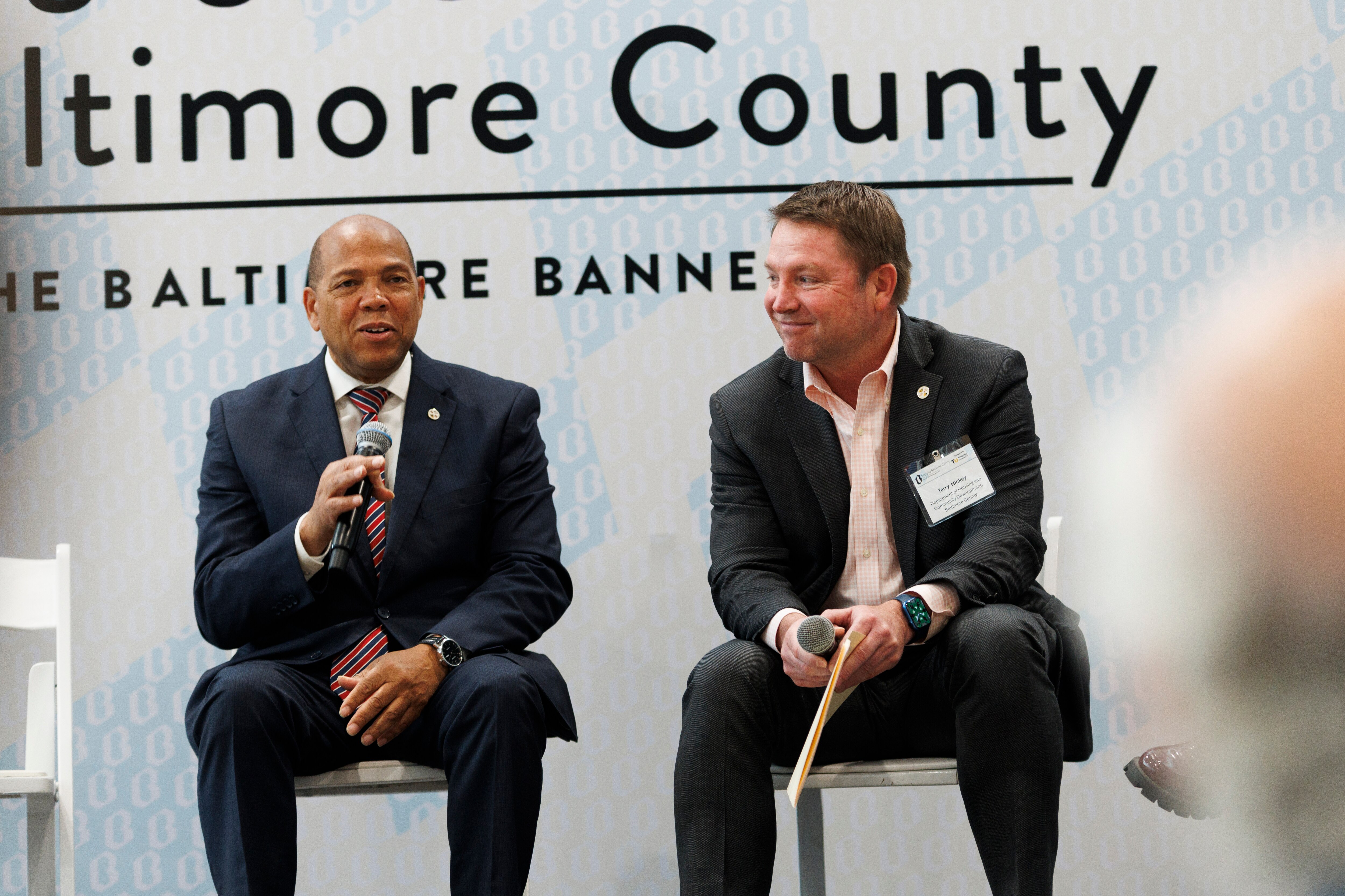 Councilman Julian E. Jones Jr., left, joined by Terry Hickey, Director of the Department of Housing and Community Development, during the “Baltimore County’s Affordable Housing Challenge” panel during The Baltimore Banner's Engaging Baltimore County event at Sparrows Point Park on Tuesday, June 10, 2025 in Sparrows Point, MD