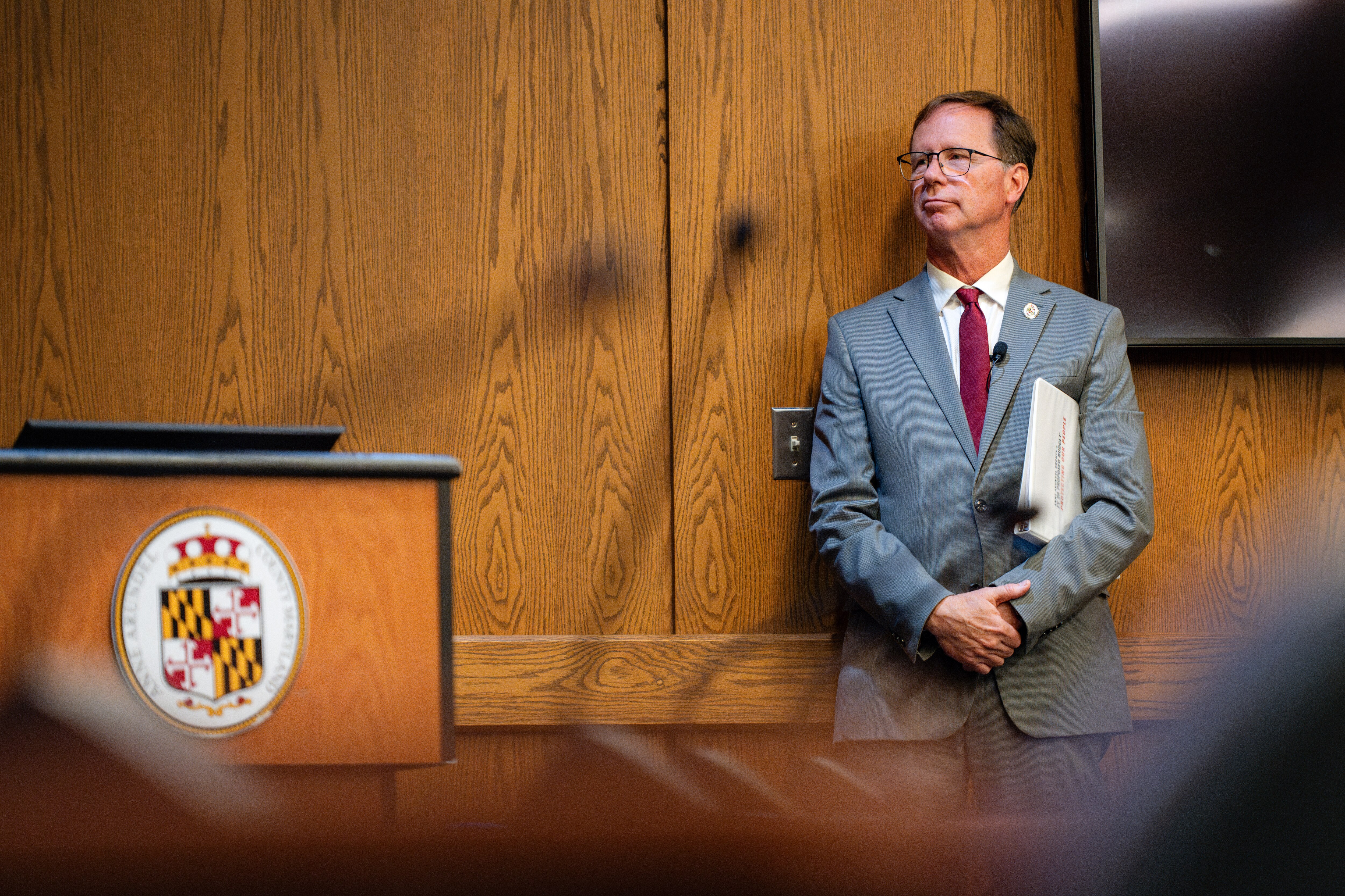Anne Arundel County Executive Steuart Pittman waits to be introduced on May 1 for his State of the County address in Annapolis.