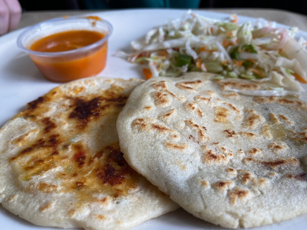 The chicken, beef and bean pupusas from El Salvador Restaurant.