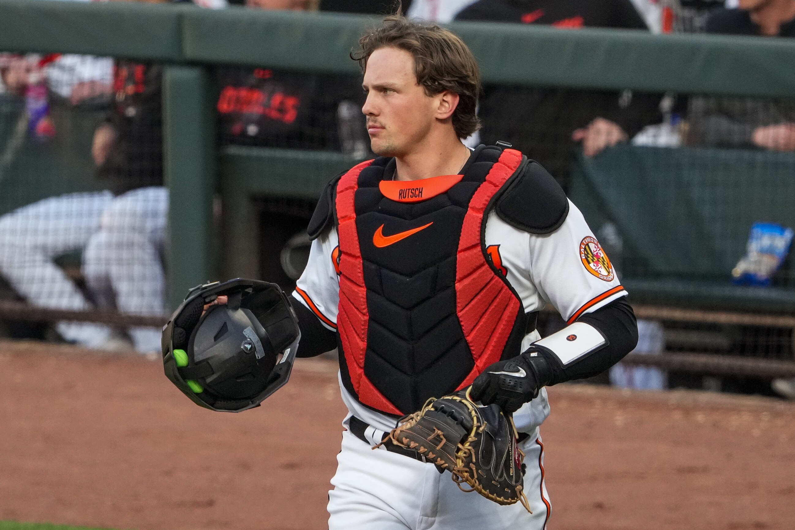 Baltimore Orioles catcher Adley Rutschman (35) exits the dugout at the start of a new inning of a baseball game against the Tampa Bay Rays at Camden Yards on Wednesday, May 10. The Orioles beat the Rays, 2-1, to win the 3-game series.