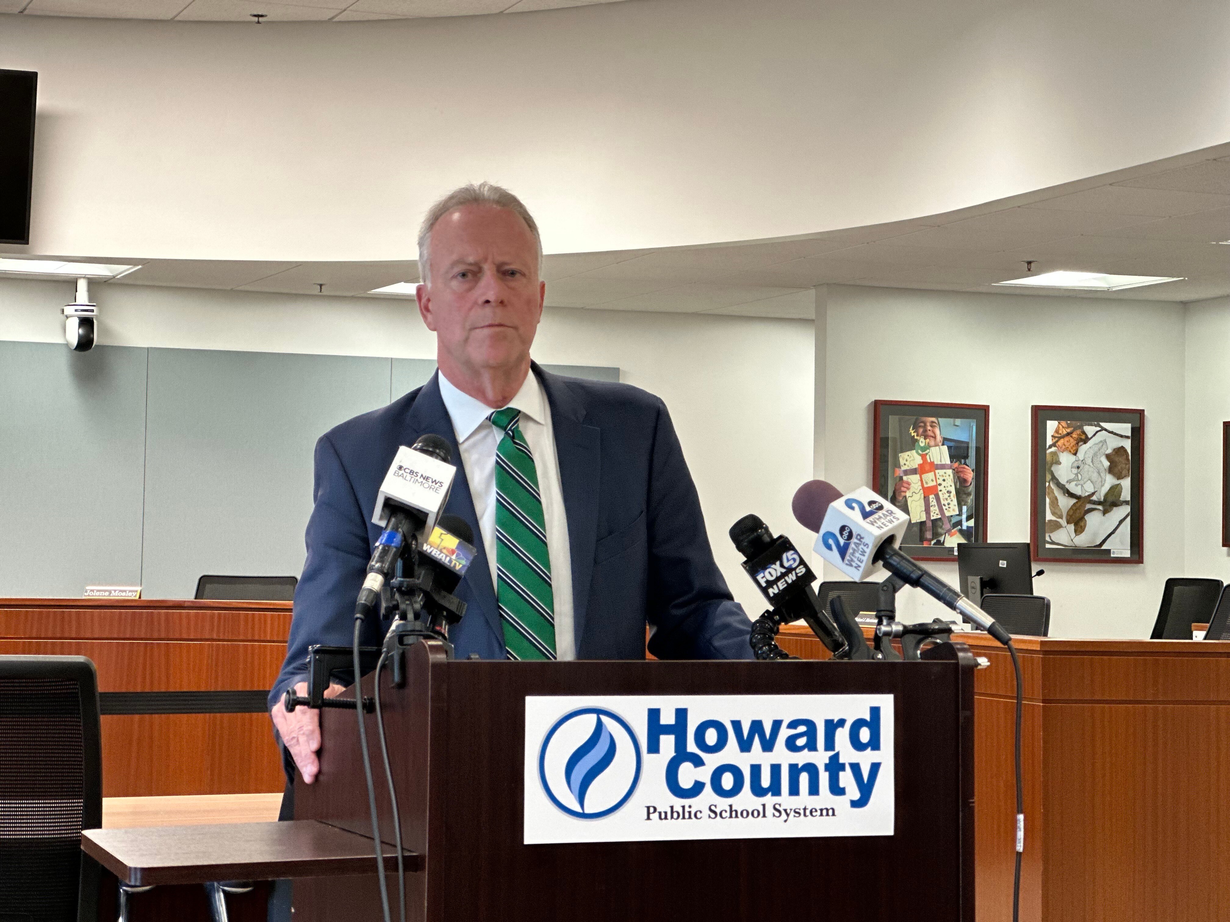 Howard County Public School System Superintendent Michael Martirano takes questions at a press conference on Aug. 30, 2023 about issues with school buses during the first week of school.
