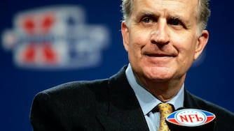FILE - NFL Commissioner Paul Tagliabue delivers his State of the NFL remarks ahead of Super Bowl XL in Detroit, in this Friday, Feb. 3, 2006, file photo. Tagliabue will be enshrined as part of the 2020 class voted into the Pro Football Hall of Fame.