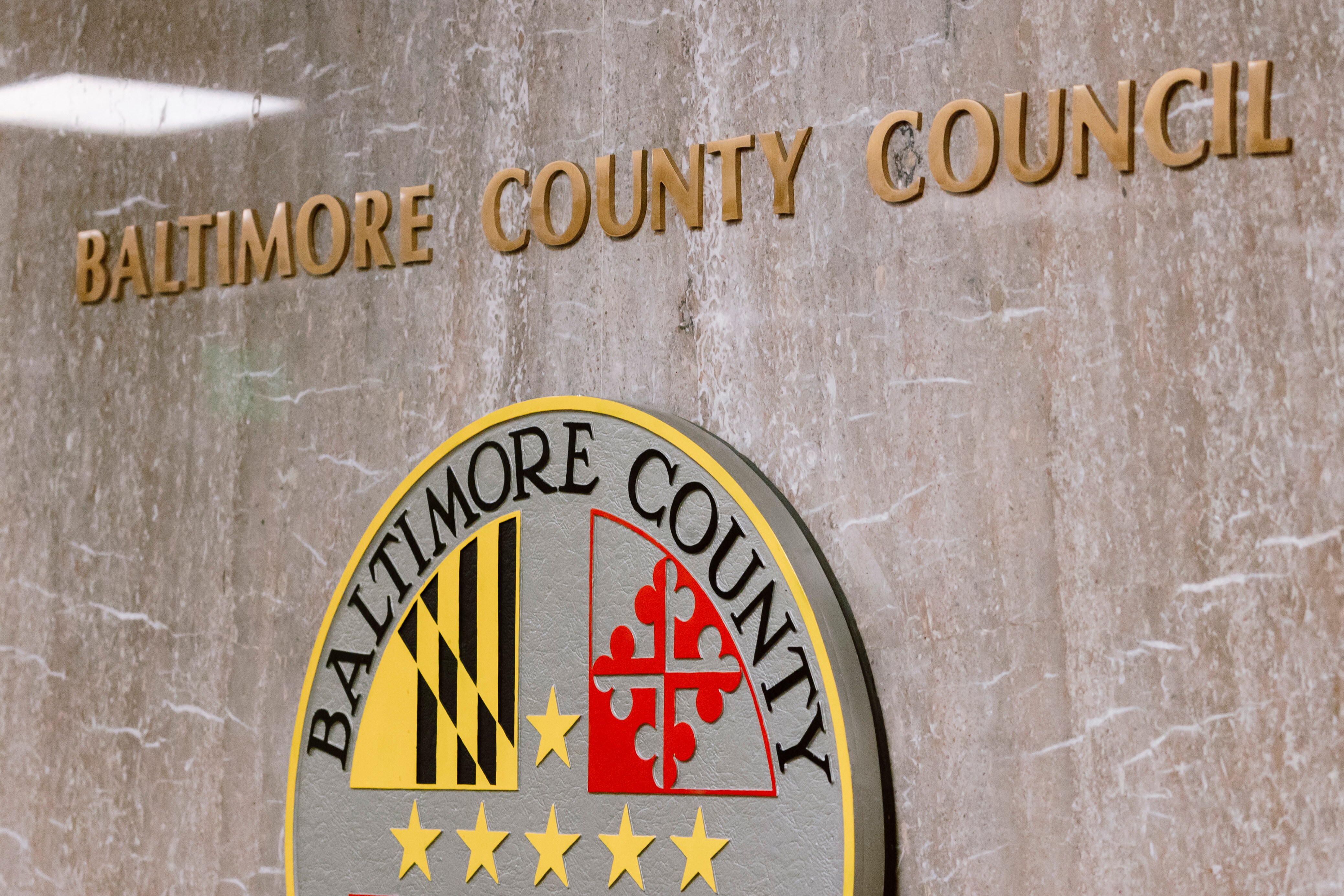 A Baltimore County Council sign hangs in a hallway of the old courthouse on Tuesday, Sept. 3, 2024 in Towson.