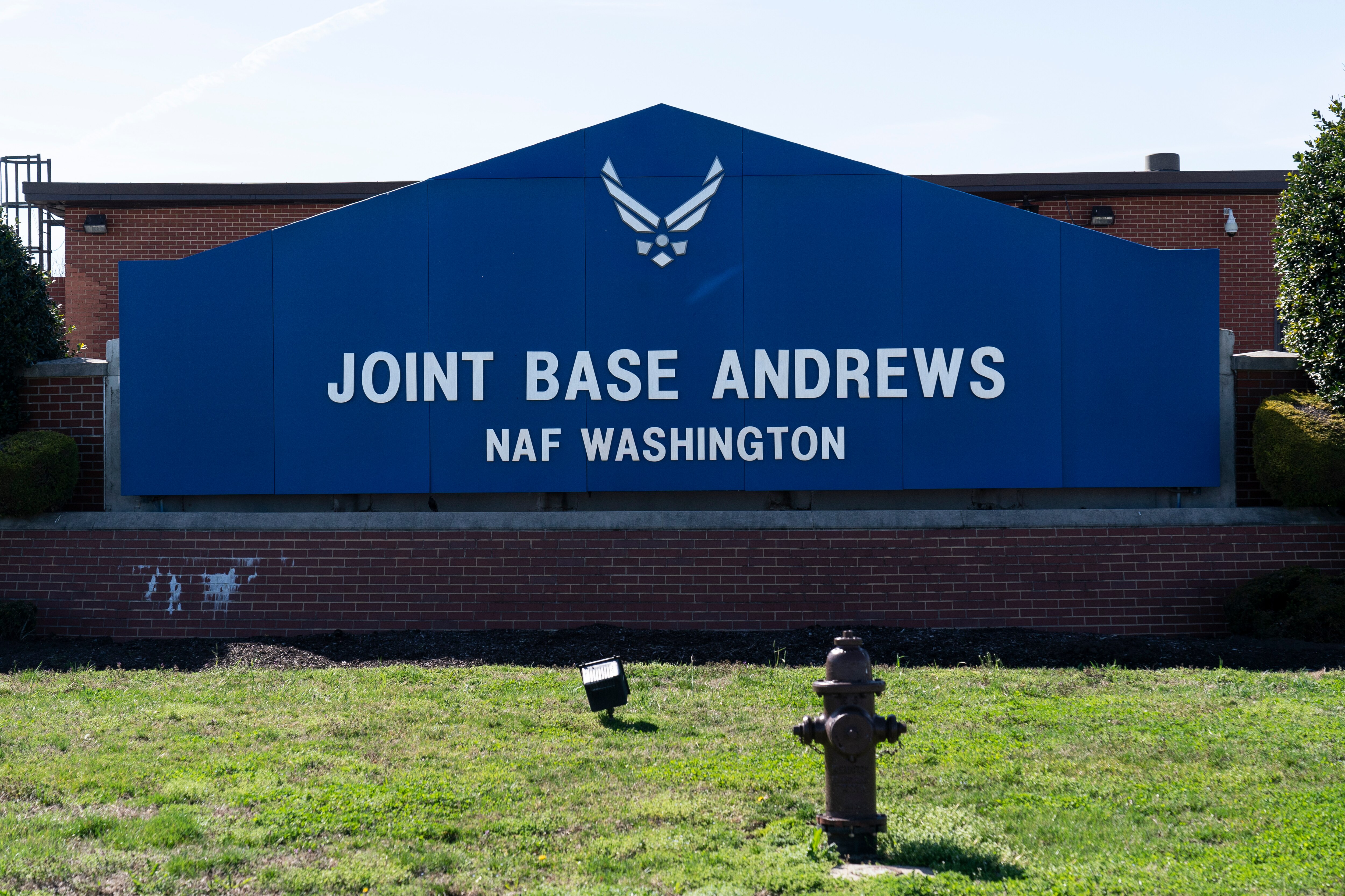 FILE - The sign for Joint Base Andrews is seen on March 26, 2021, at Andrews Air Force Base, Md. Joint Base Andrews has been locked down for reports of a man carrying an “assault-style” rifle on Thursday, March 30, 2023, authorities said.
