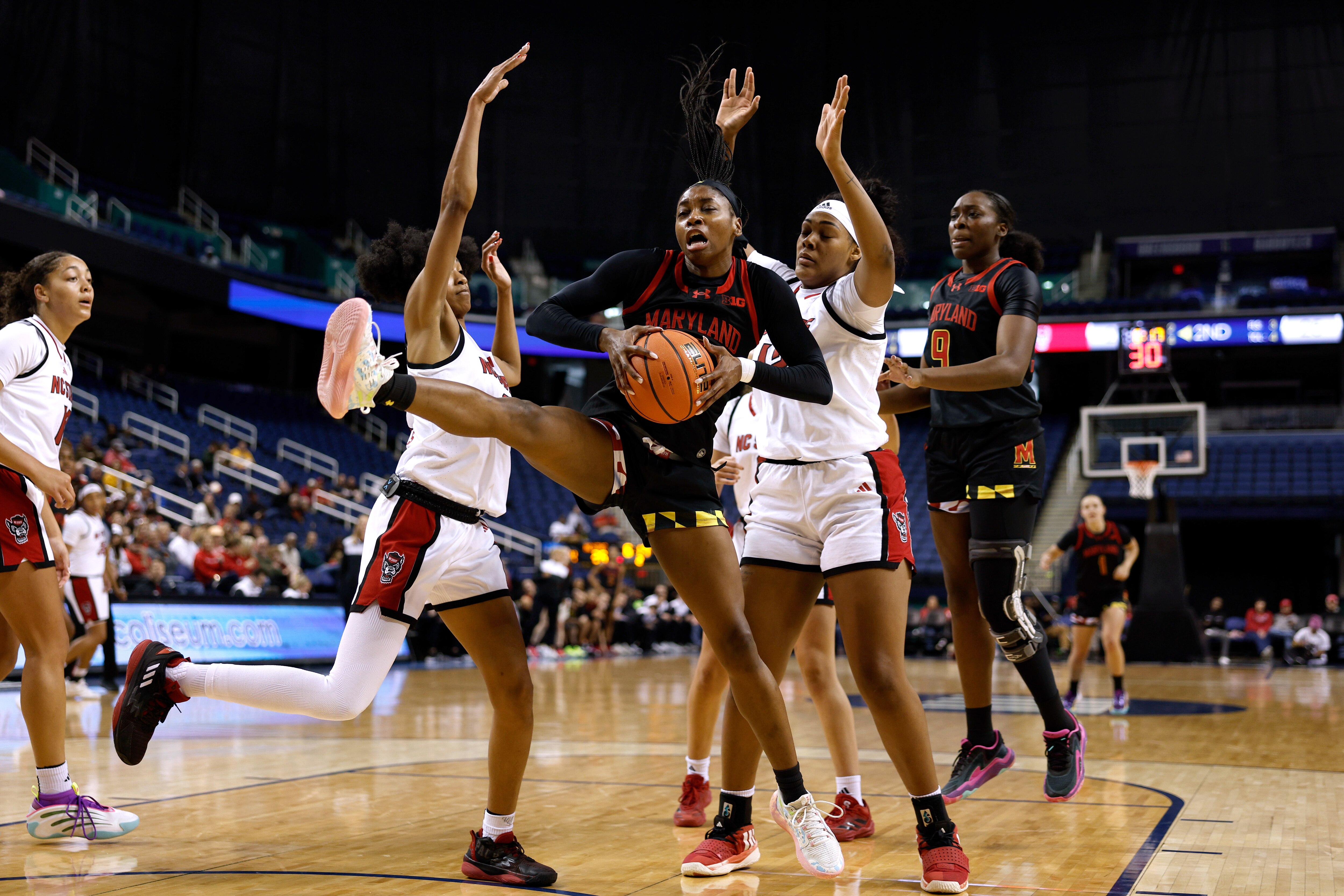 Oluchi Okananwa of Maryland, pictured against NC State, led the Terps with 23 points Wednesday night in a win at Michigan State.