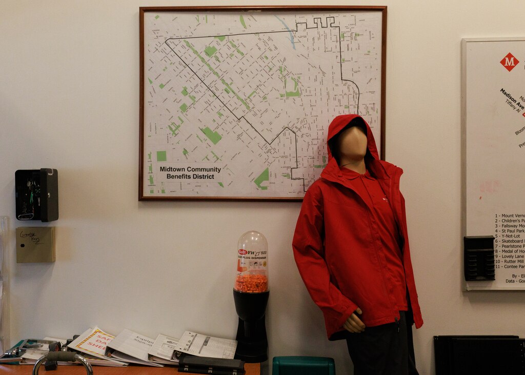 A map outlines the Midtown Baltimore border inside the Midtown Community Benefits District office in Baltimore, MD on March 4, 2025.