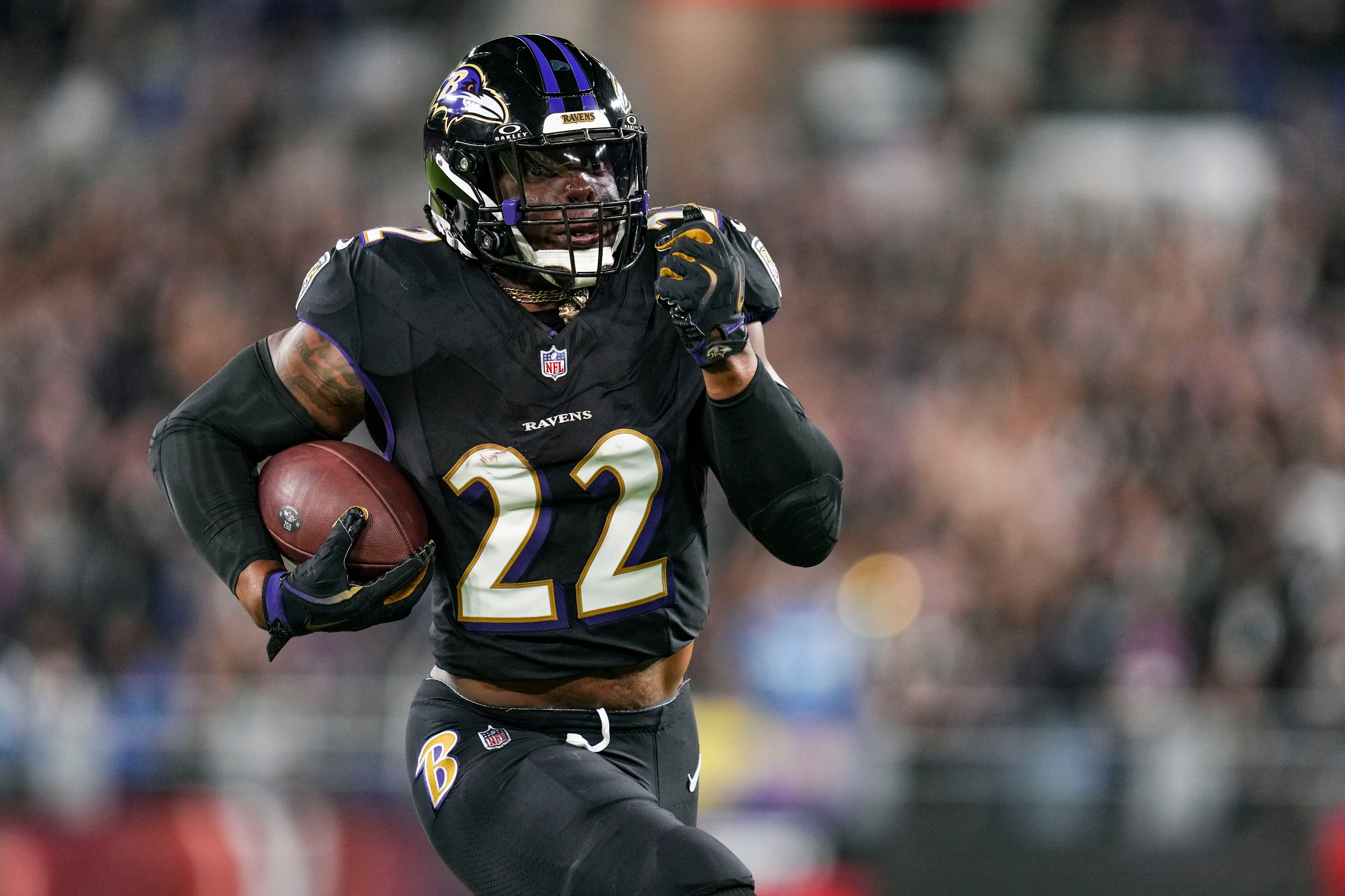 Baltimore Ravens running back Derrick Henry (22) takes down the field during the Ravens game against the Detroit Lions at M&T Bank Stadium, in Baltimore,   Monday, September 22, 2025.