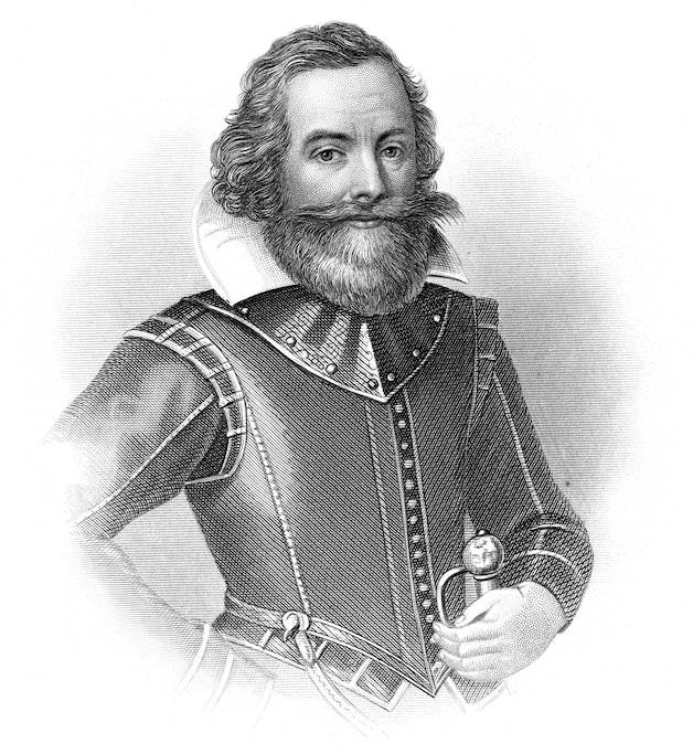 Circa 1607, John Smith (1530-1631). English soldier, explorer, cartographer, colonial administrator. Sailed to Virginia colony 1606, captured by Chief Powhatan, and saved by Pocahontas.Original Artwork: Engraving by H B Hall & Sons