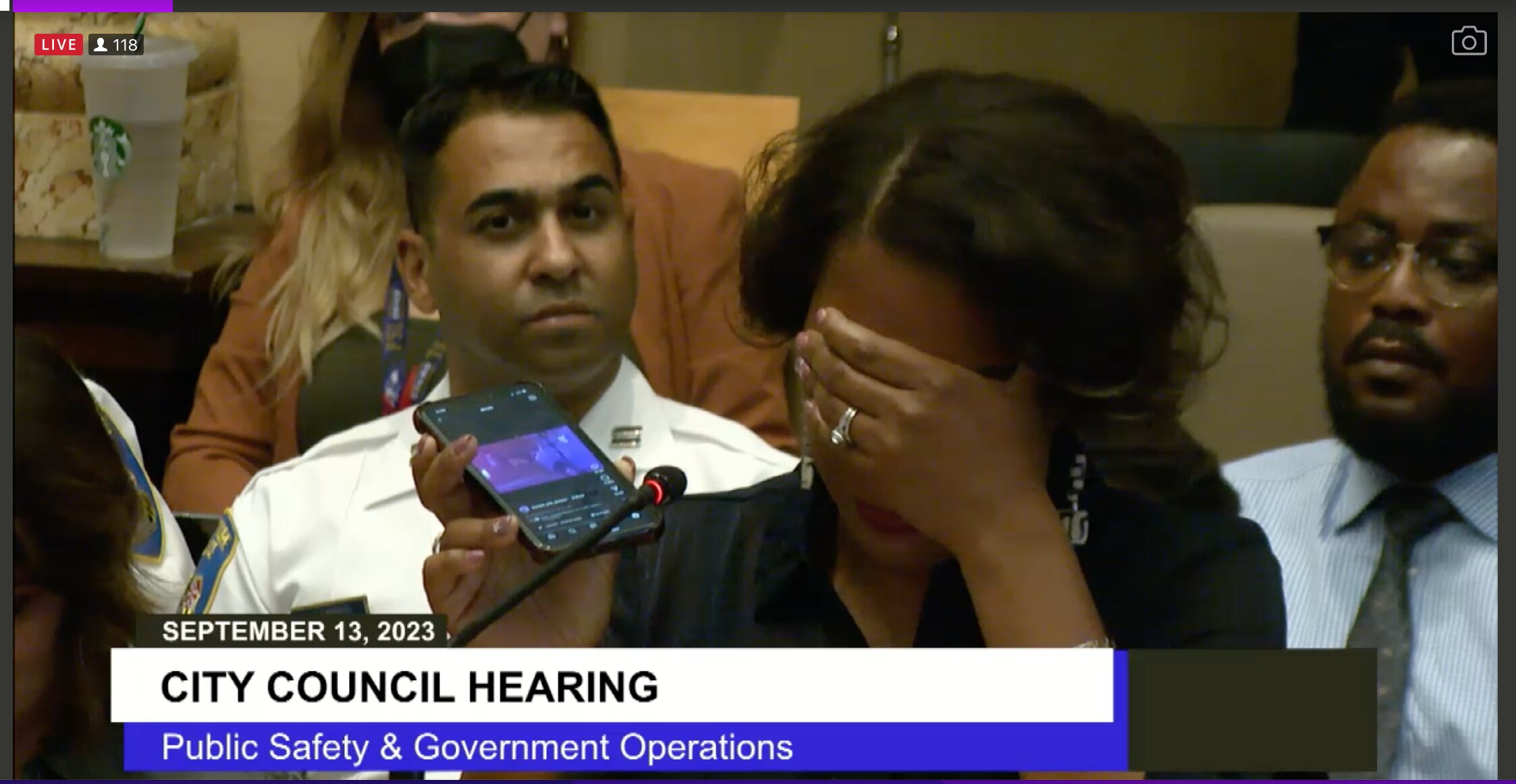 Krystal Gonzalez, mother of 18-year-old Aaliyah Gonzalez, who was shot and killed at the Brooklyn Day event, plays a video of her daughter’s body being discovered for the City Council. She said the video haunts her.