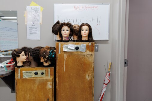 Hair tools line the wall in the classroom at the Baltimore Studio of Hair Design located on Howard Avenue.