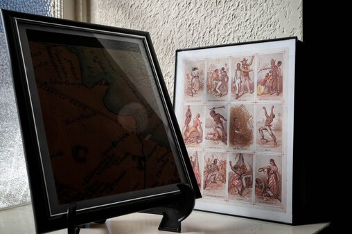 Historical drawings of slaves are seen on display inside Emmarts United Methodist Church in Windsor Mill, Md. on Saturday, February 1, 2025. The church, a historic safehouse on the Underground Railroad, hosted a program to commemorate the start of Black History Month on Saturday.