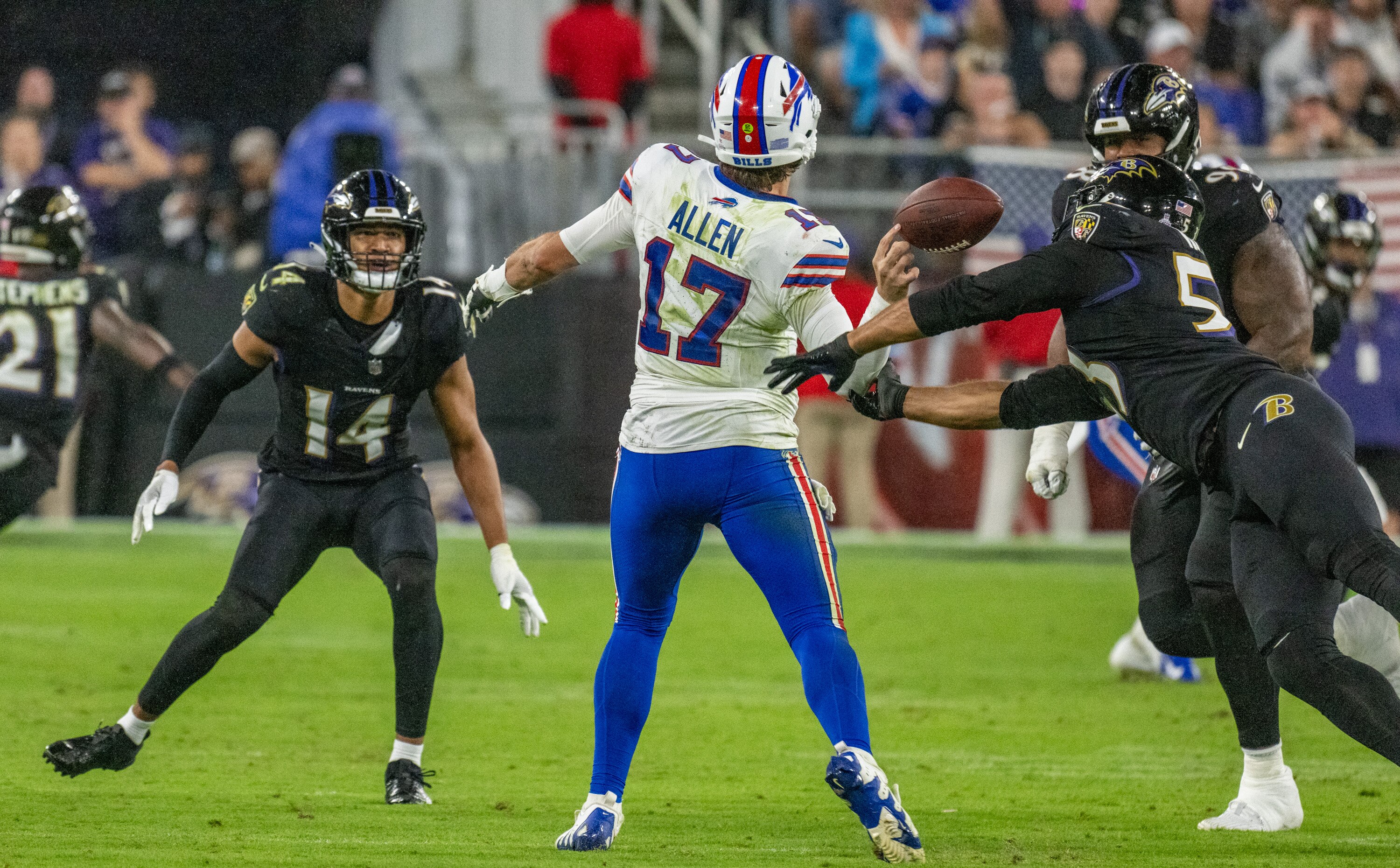 Ravens linebacker Kyle Van Noy strip-sacks the Bills’ Josh Allen during Baltimore’s victory in Week 4.